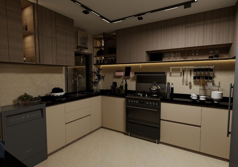 Cozinha com armários e eletrodomésticos instalados