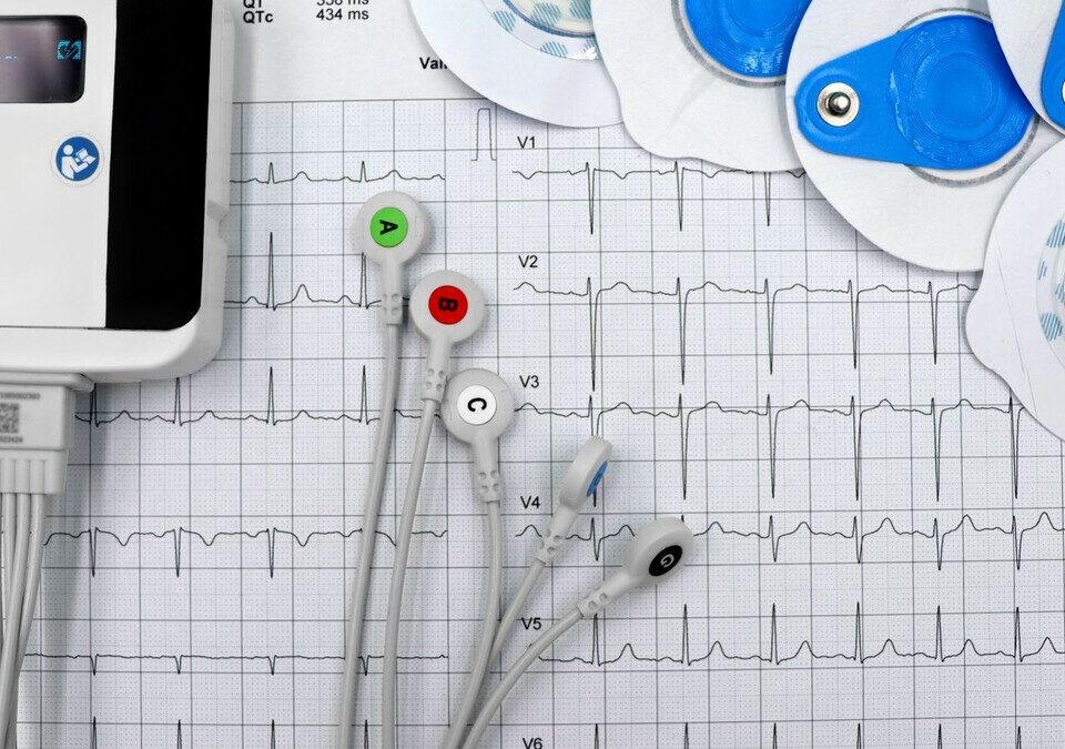 Gravador portátil de eletrocardiograma com cabos e eletrodos sobre um traçado cardíaco